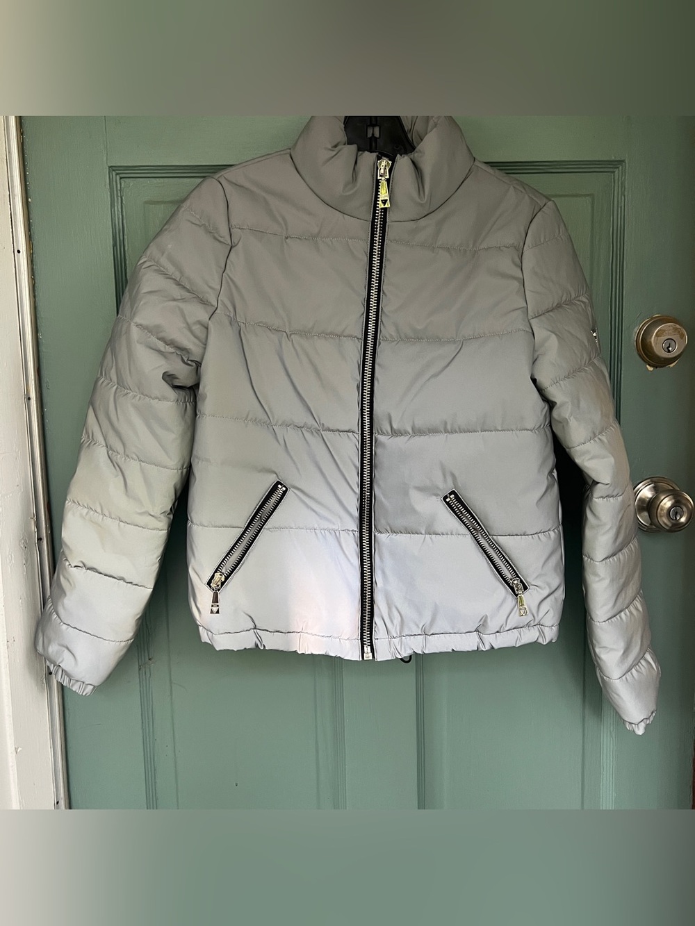 Guess blaze silver gray Reflective Puffer Snow Jacket coat Size XS